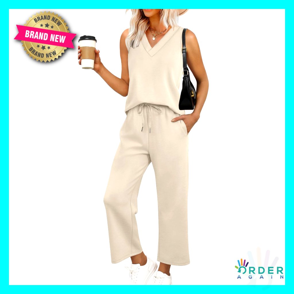 Two Piece Lounge Set Wide Leg Crop Pants V Neck Sleeveless Top Chic Travel